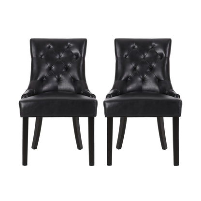 The Cheney Contemporary Dining Chair Set features two black tufted leather chairs with cushioned seats, slightly flared backs, and dark wooden legs, displayed side by side on a white background.