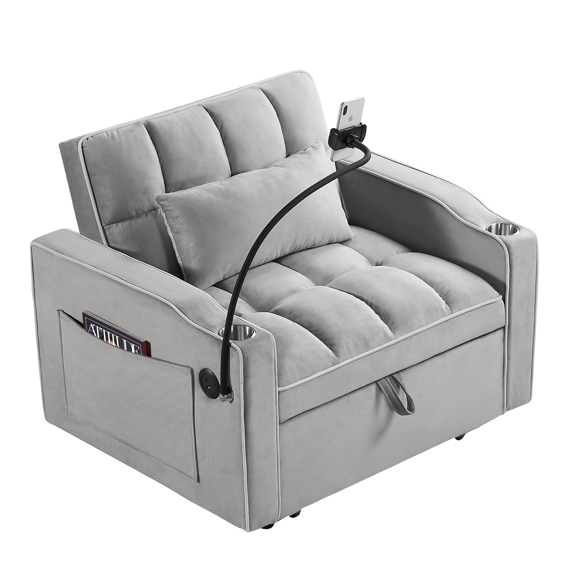 The Convertible Sleeper Chair Sofa Bed features cup holders, multi-pockets for magazines, a matching cushion, and an attached flexible arm for your smartphone—perfect as a 3-in-1 adjustable sofa bed for living rooms or small spaces.