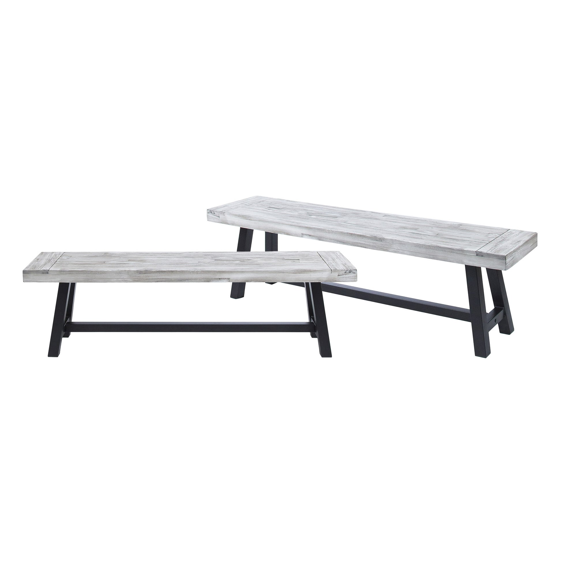 Two Tranquilizer Outdoor Acacia Wood Benches with slat panel design and black angled legs are arranged at varying angles against a white background.