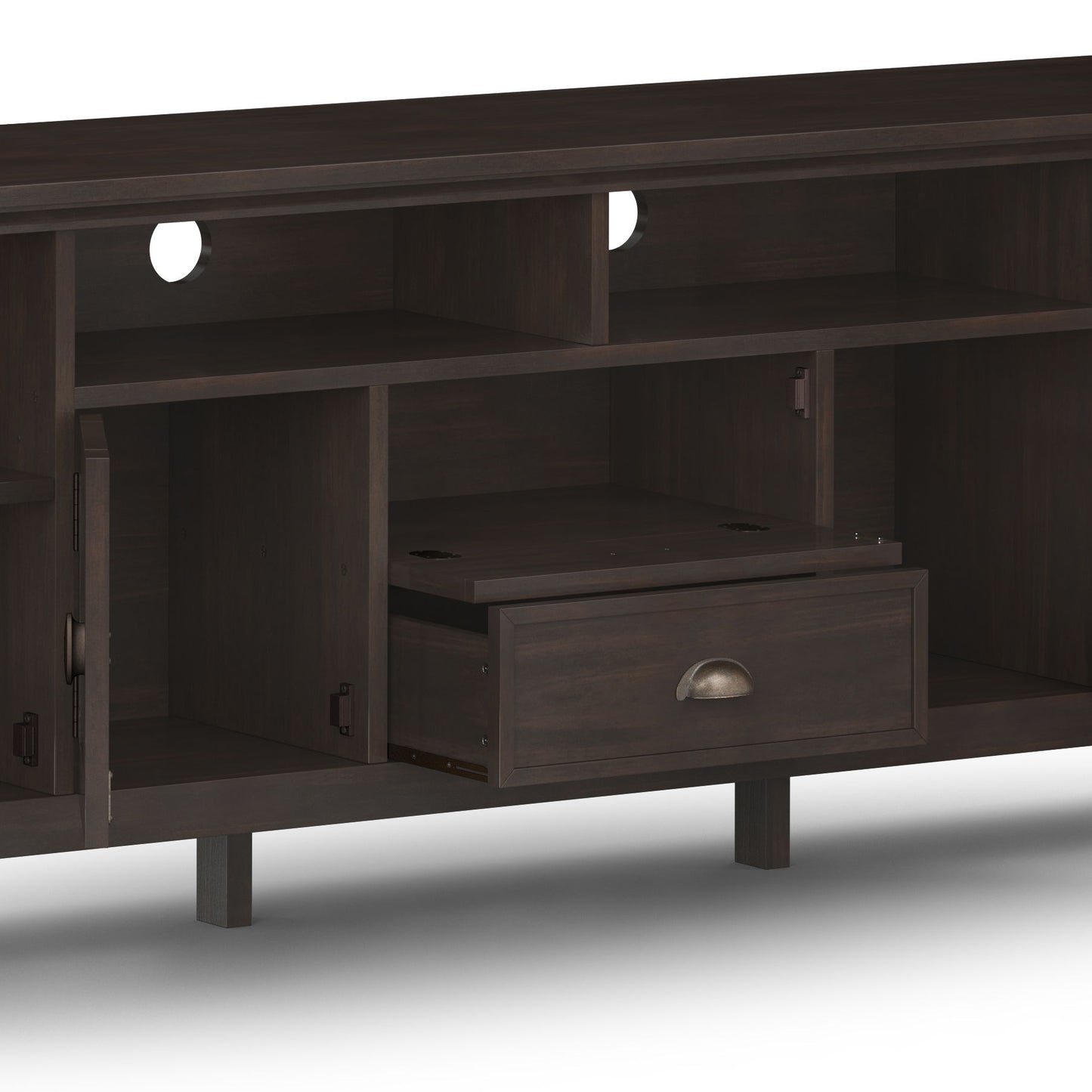 The Redmond - Handcrafted TV Media Stand features a dark wood finish, open shelves, a central drawer with a metal handle, side cabinets, and circular cable management holes in the back panel.