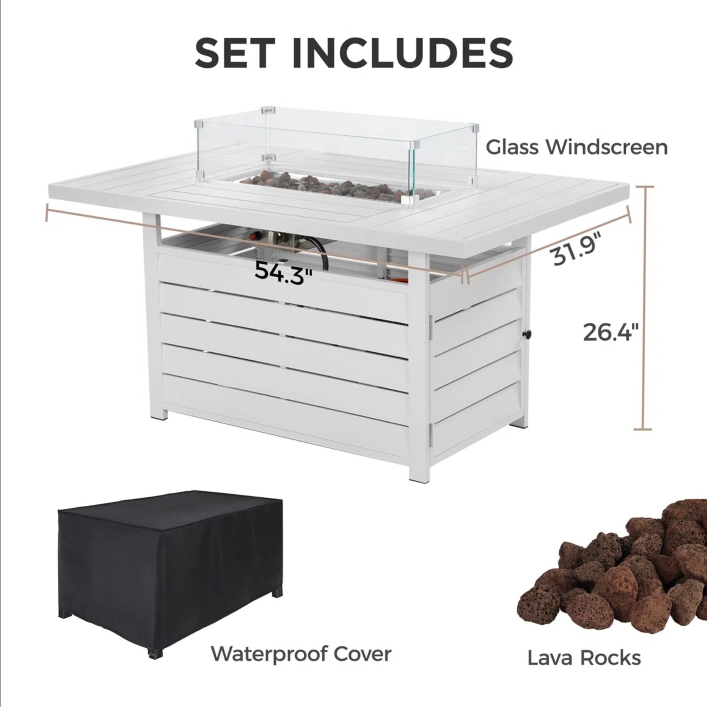 Rectangular Propane Fire Pit Table With Burner, Lava Rock, Waterproof Cover