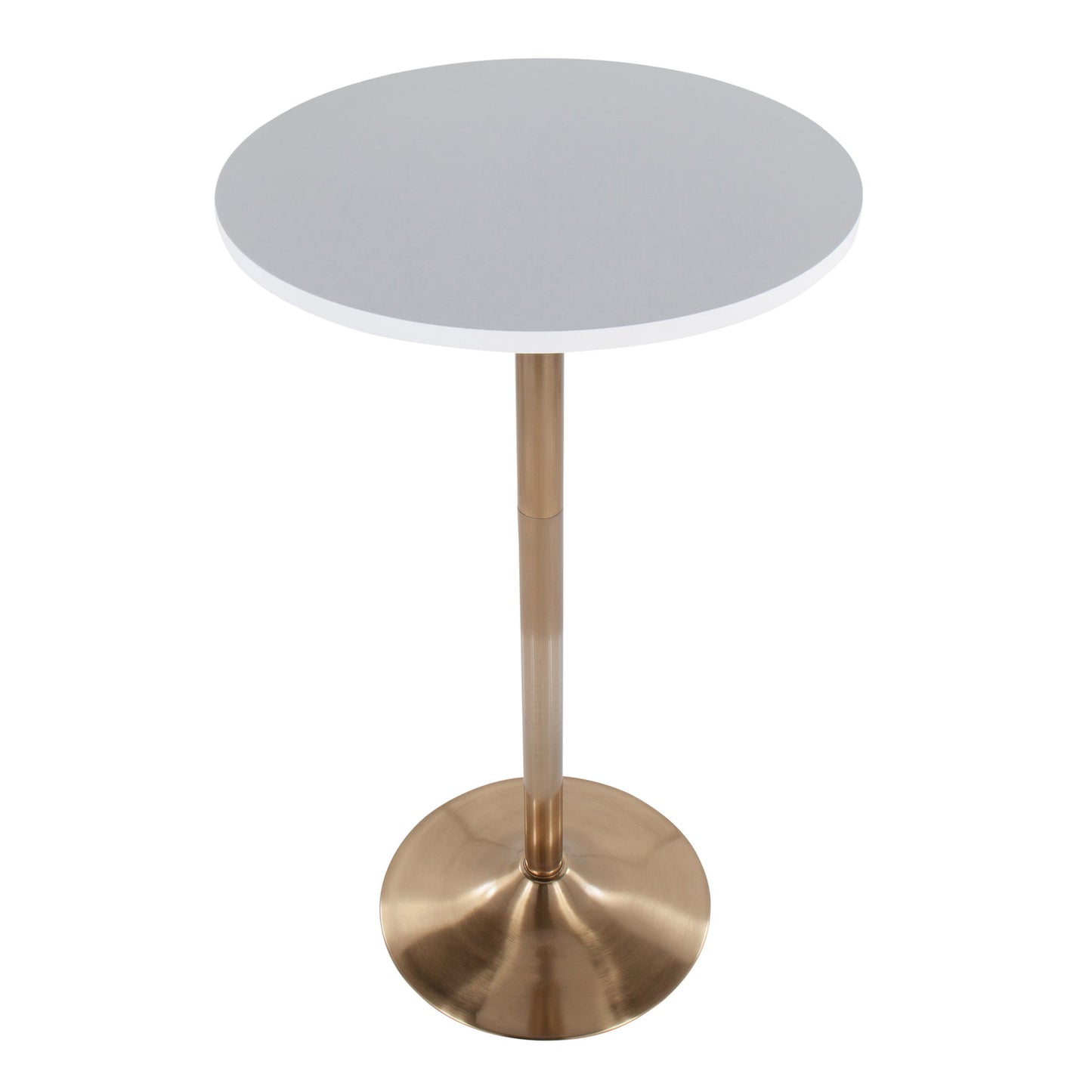The Pebble Contemporary & Glam Adjustable Dining/Bar Table features a smooth white round tabletop, a slender metallic gold pedestal, and a wide round gold base.