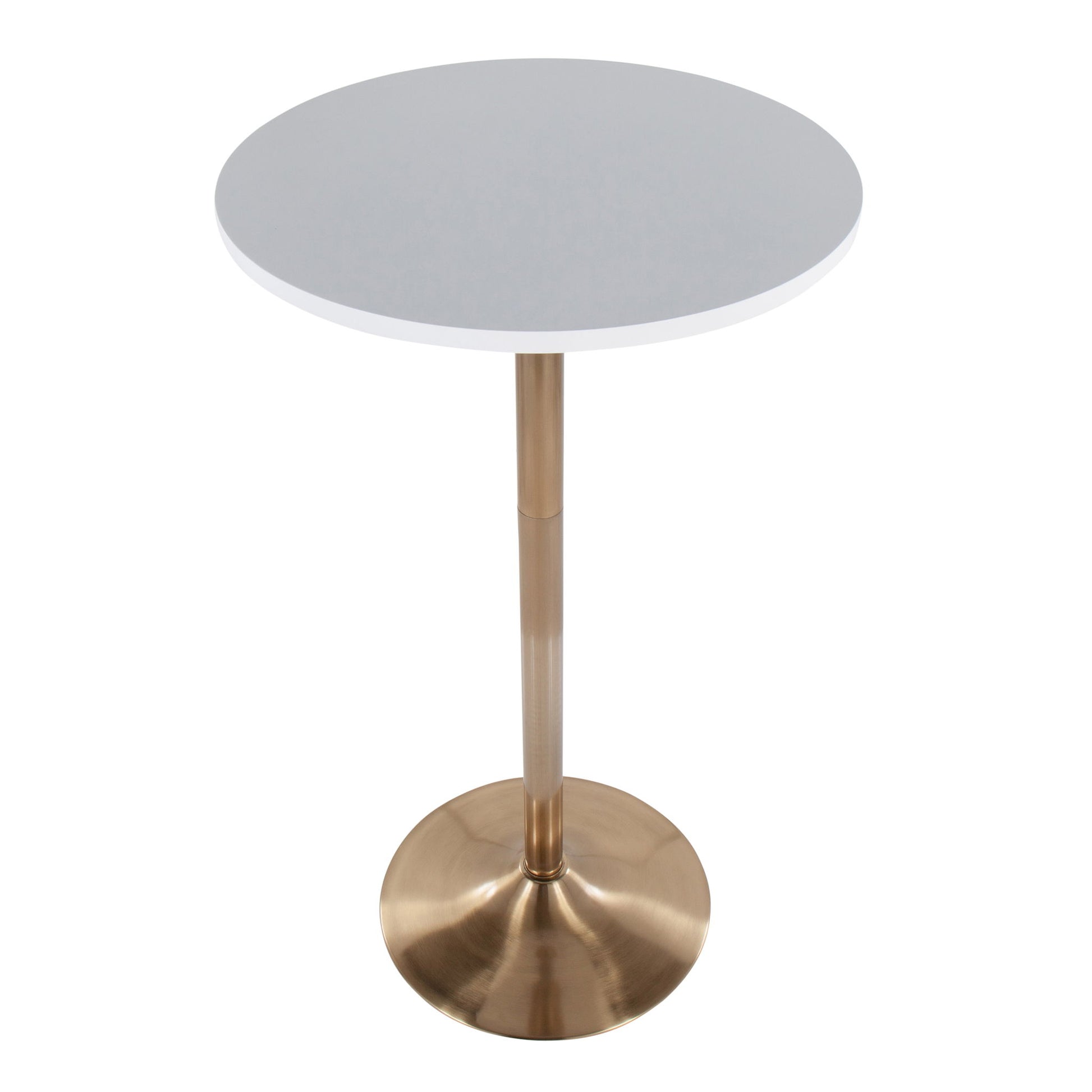 The Pebble Contemporary & Glam Adjustable Dining/Bar Table features a smooth white round tabletop, a slender metallic gold pedestal, and a wide round gold base.
