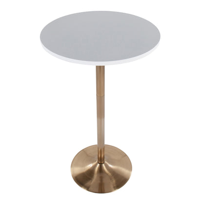 The Pebble Contemporary & Glam Adjustable Dining/Bar Table features a smooth white round tabletop, a slender metallic gold pedestal, and a wide round gold base.