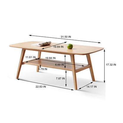 The Low Coffee Table With Storage Shelf, shown with dimensions in inches, features angled legs, a slatted lower shelf for storage, and displays a rolled magazine and green apple on its wooden two-tier design.