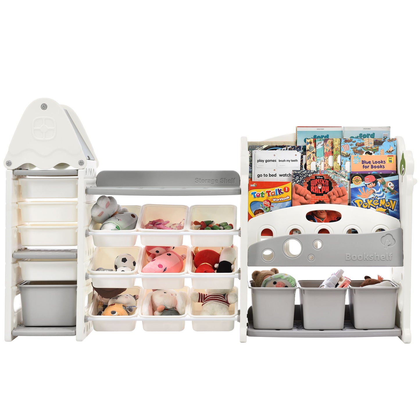 The Kids Bookshelf Toy Storage Organizer features 17 bins and 5 bookshelves, providing multi-functional storage for toys, books, and stuffed animals. This nursery furniture set includes HDPE shelves and bins for organized kids’ spaces.