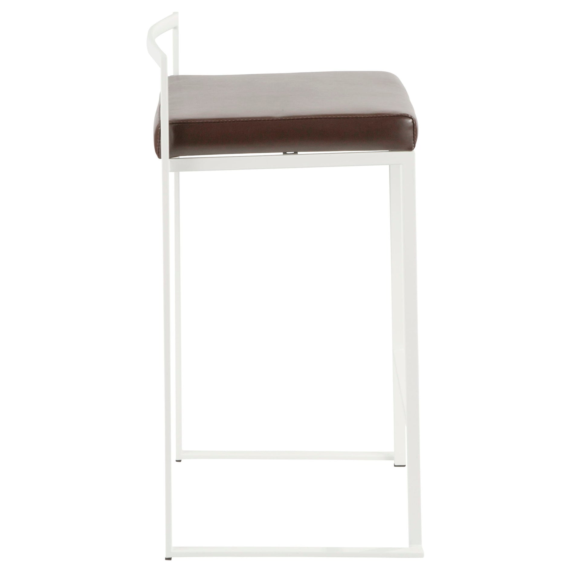 The Fuji - Simple Elegance Contemporary Stackable Counter Stool features a slim white metal frame and a rectangular brown cushioned seat, displayed side-on against a plain white background.