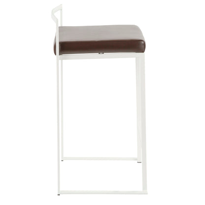 The Fuji - Simple Elegance Contemporary Stackable Counter Stool features a slim white metal frame and a rectangular brown cushioned seat, displayed side-on against a plain white background.