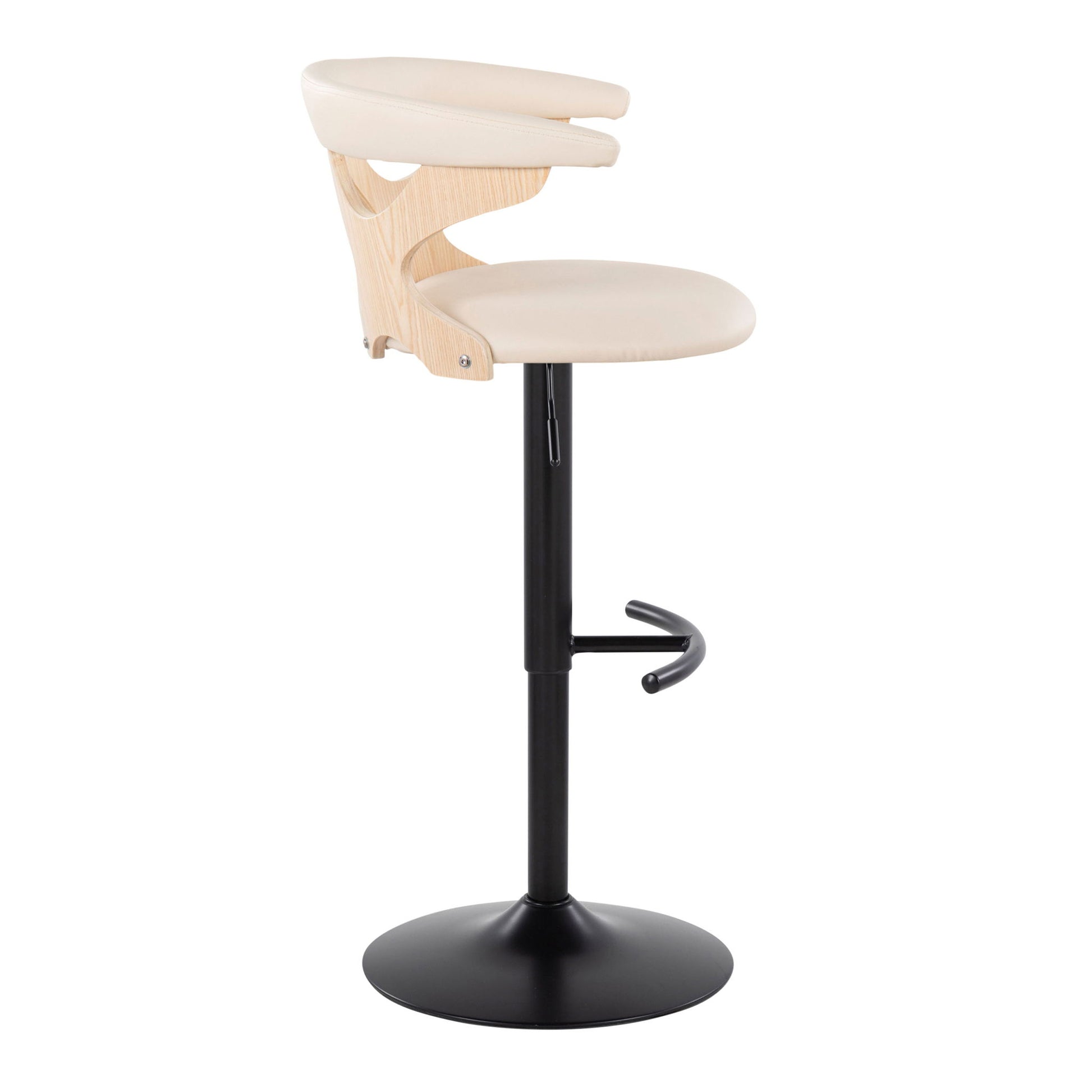 The Gardenia Contemporary Adjustable Barstool (Set of 2) features a light wood frame, beige cushioned seat and backrest, black metal base, and a rounded T footrest for a modern, minimalist look. Swivel functionality adds convenience.
