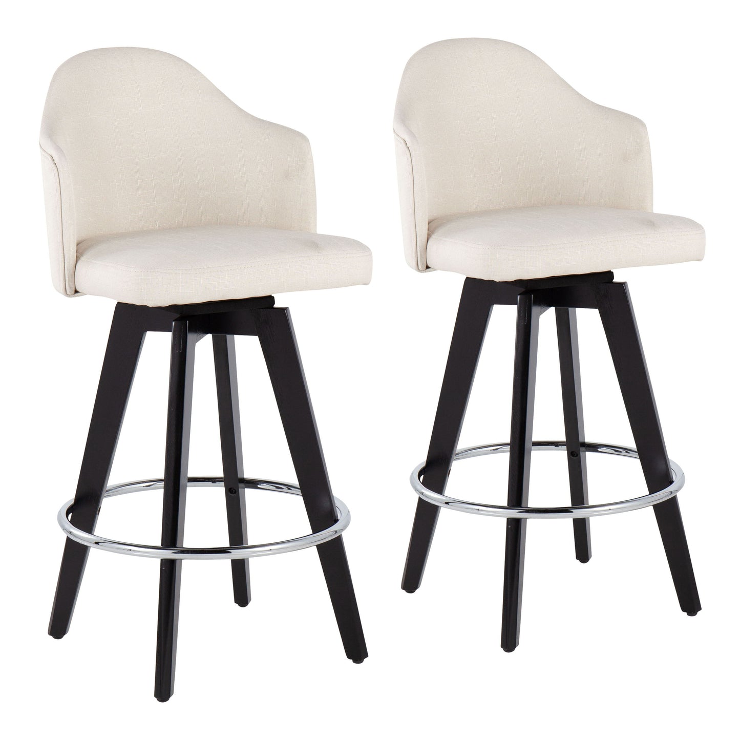 The Ahoy set includes two contemporary fixed-height counter stools featuring cream-colored cushioned seats and backs, black wooden legs, and a metal footrest ring.