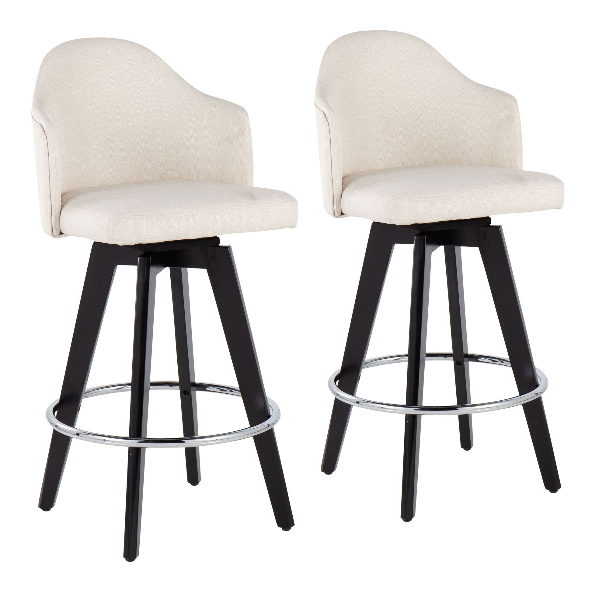 The Ahoy set includes two contemporary fixed-height counter stools featuring cream-colored cushioned seats and backs, black wooden legs, and a metal footrest ring.