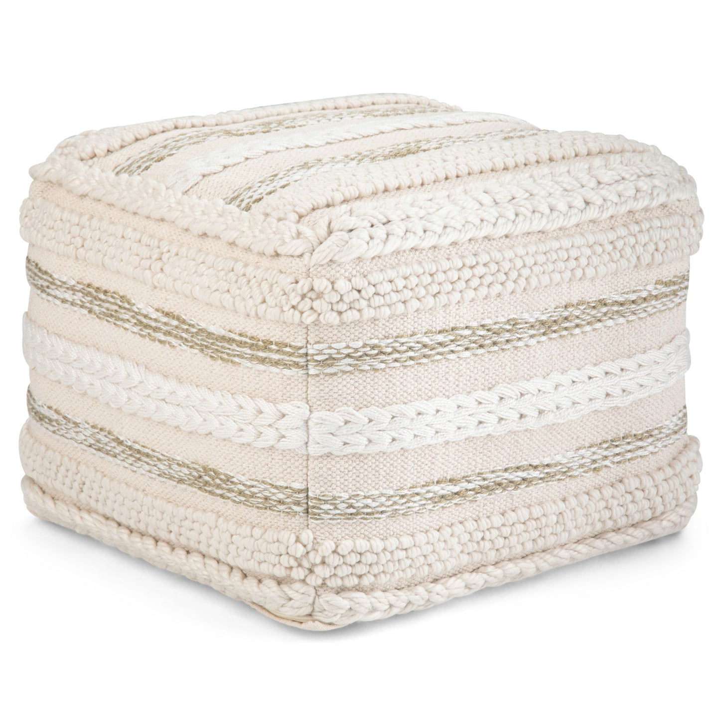The Sommer - Handcrafted Square Pouf features a square shape with woven cream and beige stripes and braided details, displayed on a plain white background.