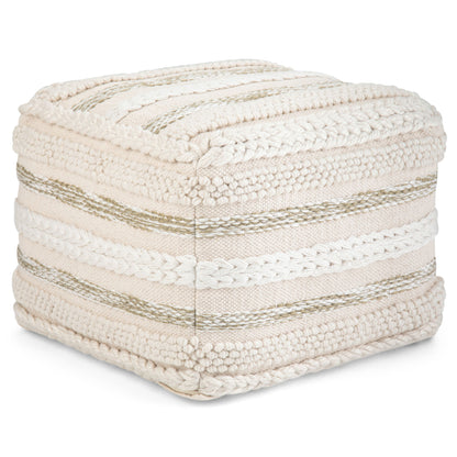The Sommer - Handcrafted Square Pouf features a square shape with woven cream and beige stripes and braided details, displayed on a plain white background.