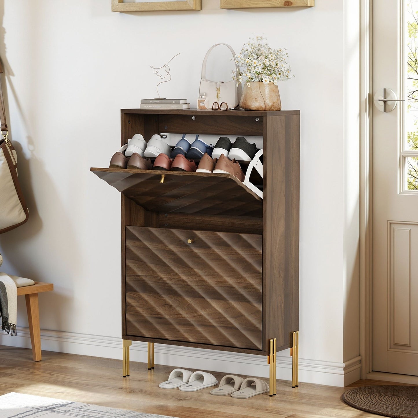 Shoe Cabinet, Freestanding Organizer For Entryway - Walnut