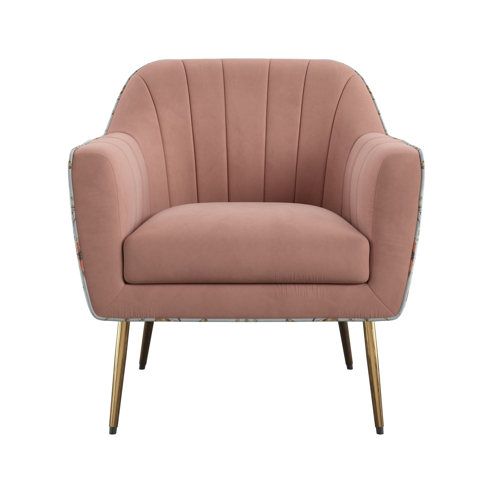 Accent Chair - Rose Pink: features blush pink velvet, vertical backrest stitching, a wide seat, and slim gold metal legs. Shown against a white background.