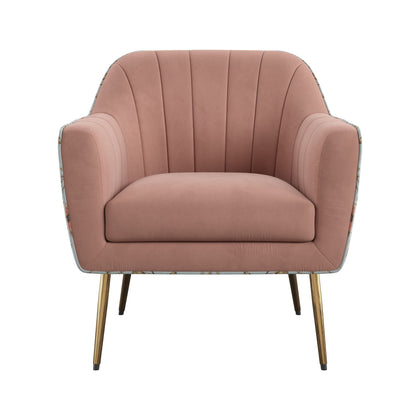 Accent Chair - Rose Pink: features blush pink velvet, vertical backrest stitching, a wide seat, and slim gold metal legs. Shown against a white background.