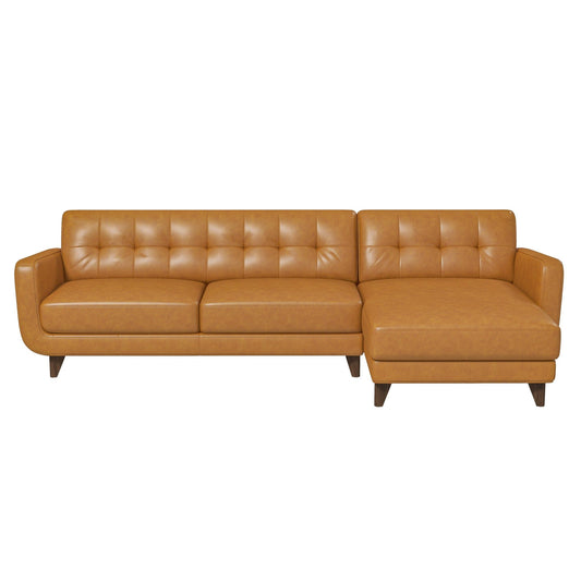 The Allison Mid-Century Modern Leather Sectional Sofa Chaise features a modern tan design, tufted back cushions, a right-side attached chaise, and angled wooden legs.