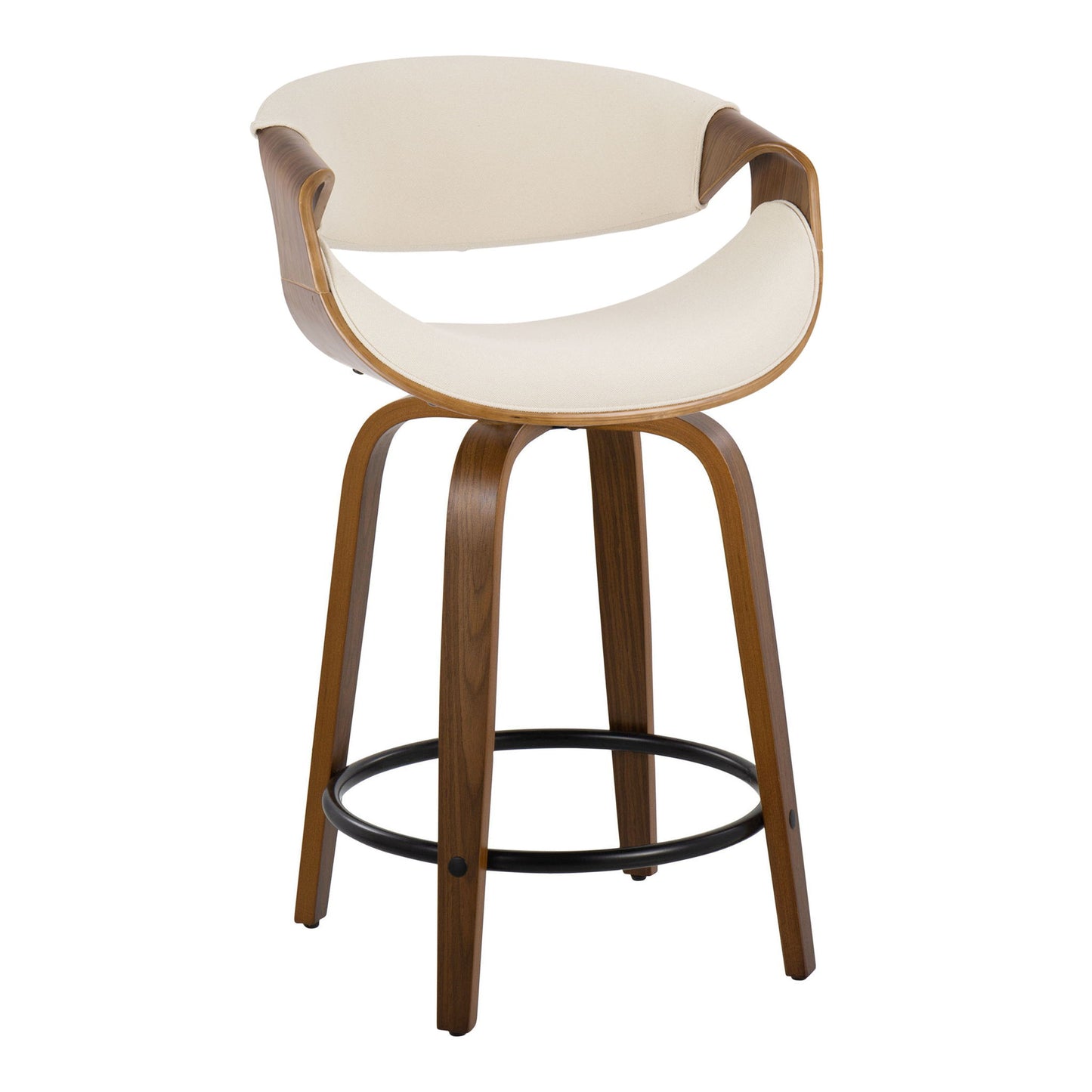 The Curvini Mid-Century Modern Fixed Height Counter Stool (Set of 2) features curved wooden legs, a circular metal footrest, and a cream cushioned seat with a matching curved backrest and swivel function.
