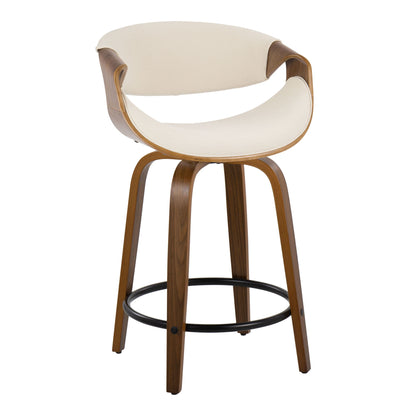 The Curvini Mid-Century Modern Fixed Height Counter Stool (Set of 2) features curved wooden legs, a circular metal footrest, and a cream cushioned seat with a matching curved backrest and swivel function.