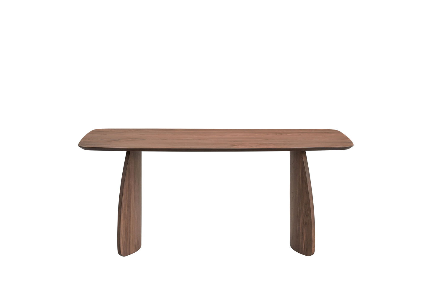 The Hadasa - Dining Table - Walnut features a modern, rectangular wooden design with rounded edges and two wide, curved legs at each end, displayed on a plain white background.