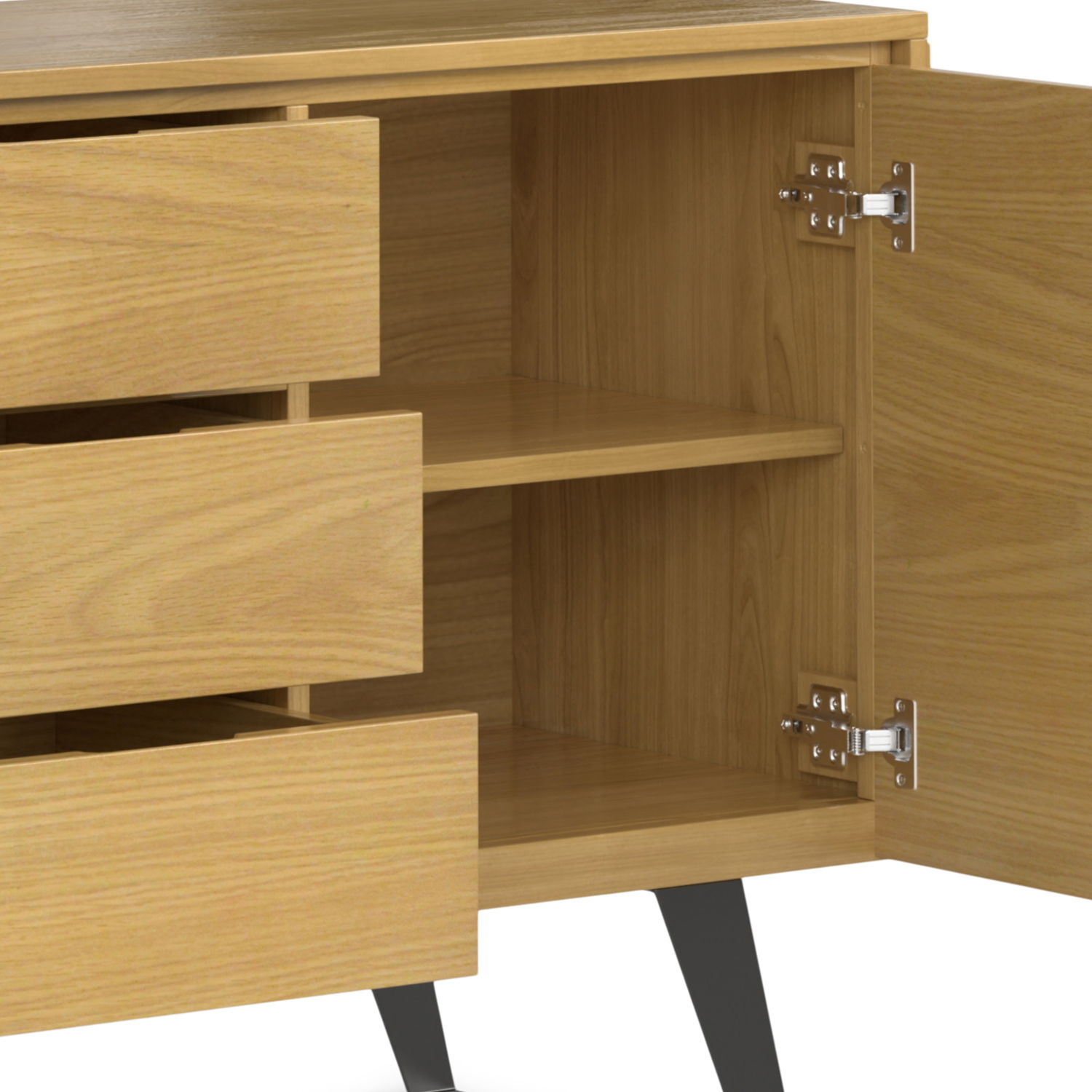 A close-up of the Lowry - Handcrafted Sideboard Buffet, featuring two open drawers on the left and an open right door revealing an empty shelf, all supported by angled dark legs.