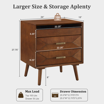 Nightstand With Charging Station, 2 Drawers And Open Shelf, USB / Type C Ports