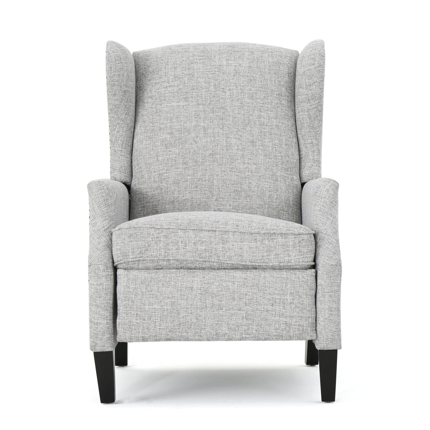 The Westeros Wing Back Fabric Upholstered Recliner features light gray fabric, slightly curved armrests, black wooden legs, and is shown from the front on a white background.