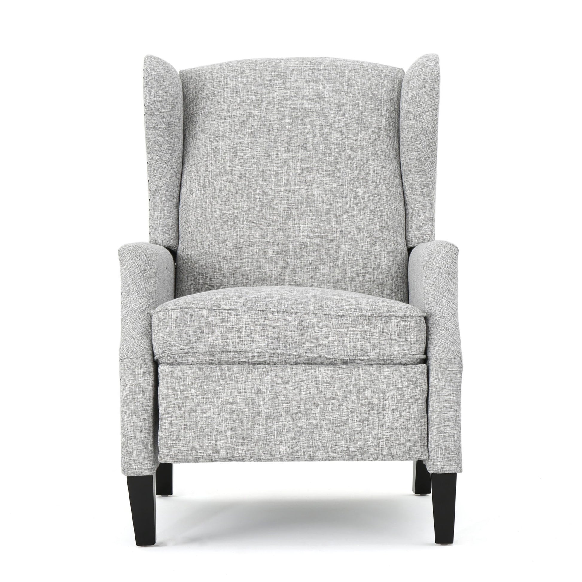 The Westeros Wing Back Fabric Upholstered Recliner features light gray fabric, slightly curved armrests, black wooden legs, and is shown from the front on a white background.