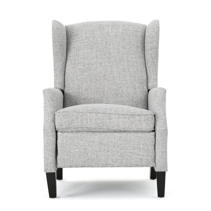 The Westeros Wing Back Fabric Upholstered Recliner features light gray fabric, slightly curved armrests, black wooden legs, and is shown from the front on a white background.