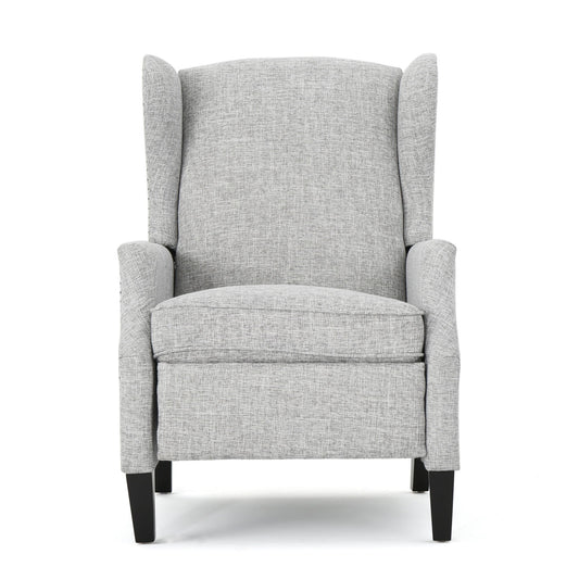 The Westeros Wing Back Fabric Upholstered Recliner features light gray fabric, slightly curved armrests, black wooden legs, and is shown from the front on a white background.