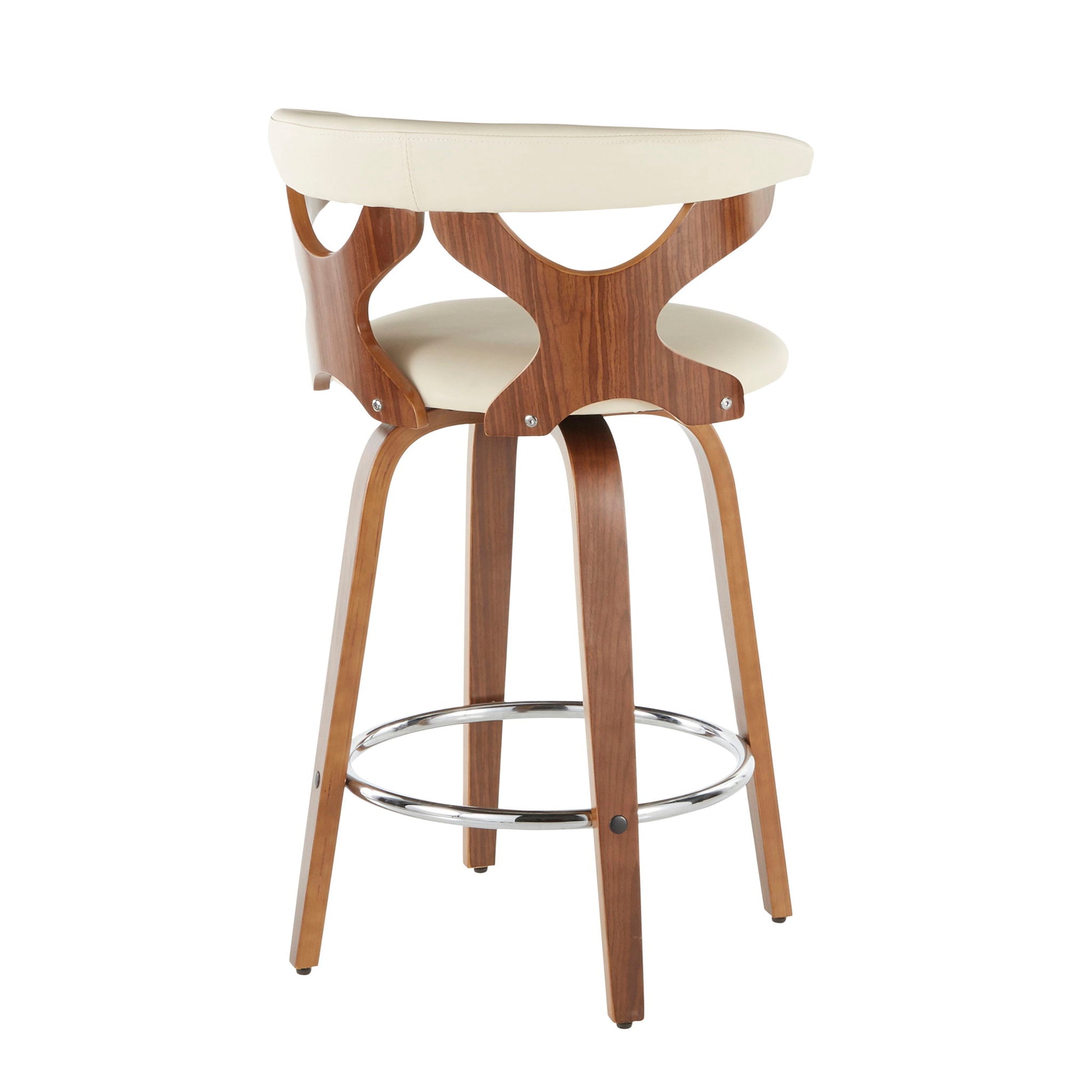 The Gardenia Mid Century Modern Counter Stool (Set of 2) features wooden legs, a round chrome footrest, a curved backrest with cut-out details, and padded cream upholstery on the seat and upper backrest.