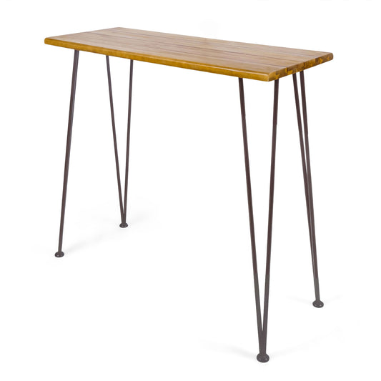 An Outdoor Bar Table with a teak wood tabletop and black iron hairpin legs offers a modern, minimalist style perfect for any space.