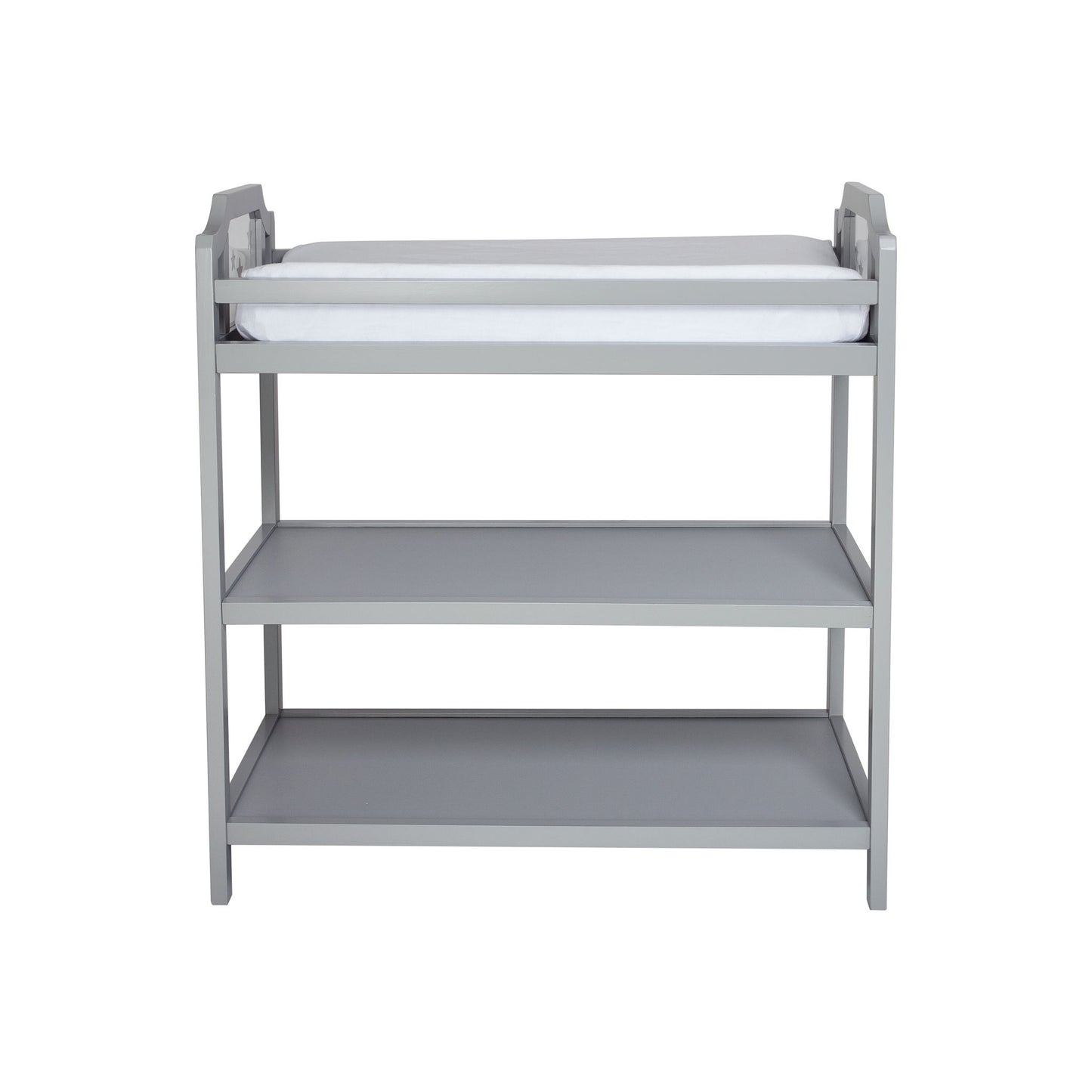The Celeste - Changing Table features a gray wooden frame, a white cushioned pad on top, and two open shelves below, all shown against a plain white background.