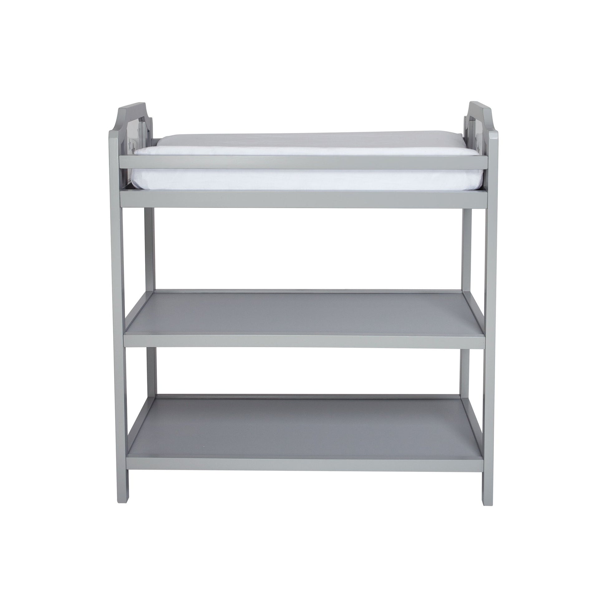 The Celeste - Changing Table features a gray wooden frame, a white cushioned pad on top, and two open shelves below, all shown against a plain white background.