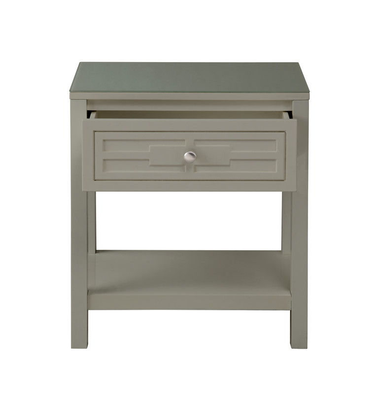 The Dylan nightstand features a gray finish, a glass top, a single drawer with a round knob, an open lower shelf, and a simple modern design.