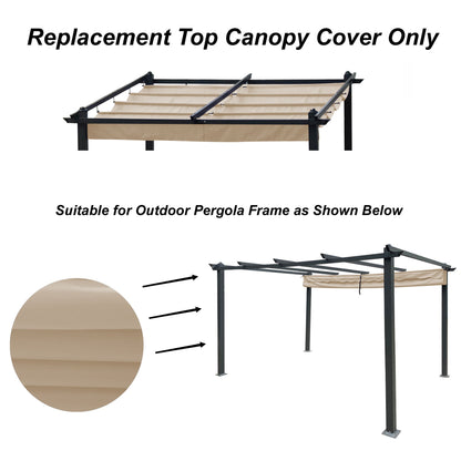 Beige Replacement Canopy Top Cover Fabric for Outdoor Patio Retractable Pergola Sun-Shelter shown installed and in close-up; note: suitable only for the pictured four-post pergola frame.