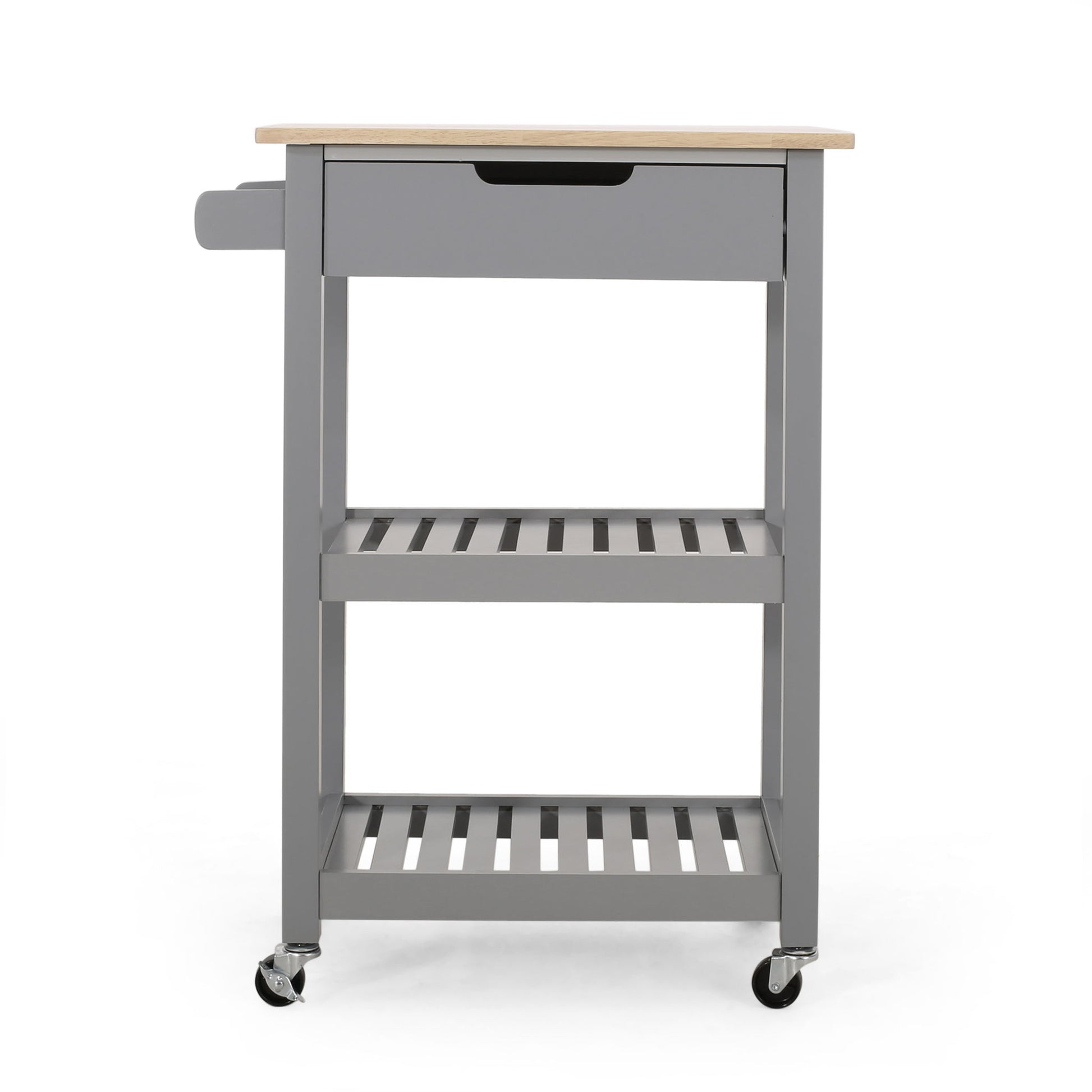 The Tattnall Kitchen Cart With Wheels features a gray finish, wooden top, pull-out drawer, two slatted shelves, side handle, and four wheels for mobility, displayed against a white background.