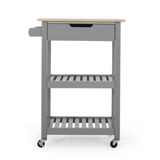The Tattnall Kitchen Cart With Wheels features a gray finish, wooden top, pull-out drawer, two slatted shelves, side handle, and four wheels for mobility, displayed against a white background.