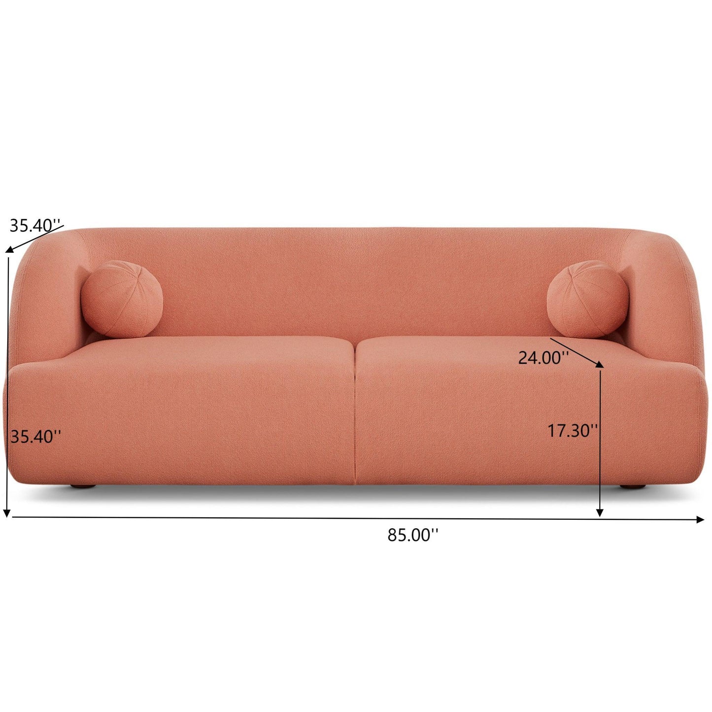 The Anna - French Boucle Sofa is a modern, peach-colored piece with two round cushions, measuring 85" wide, 35.4" high/deep, a seat height of 17.3", and a seat depth of 24".