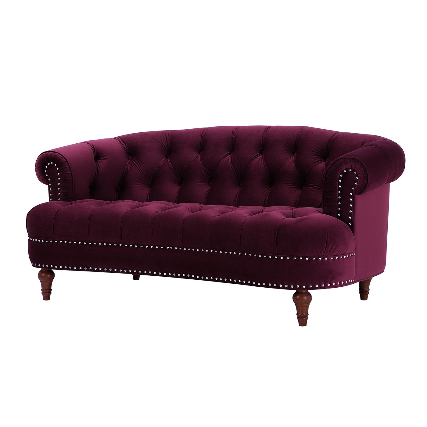 The La Rosa - Victorian Chesterfield Loveseat features plush deep purple velvet, a tufted backrest and seat, rolled arms, nailhead trim, and elegant wooden legs.