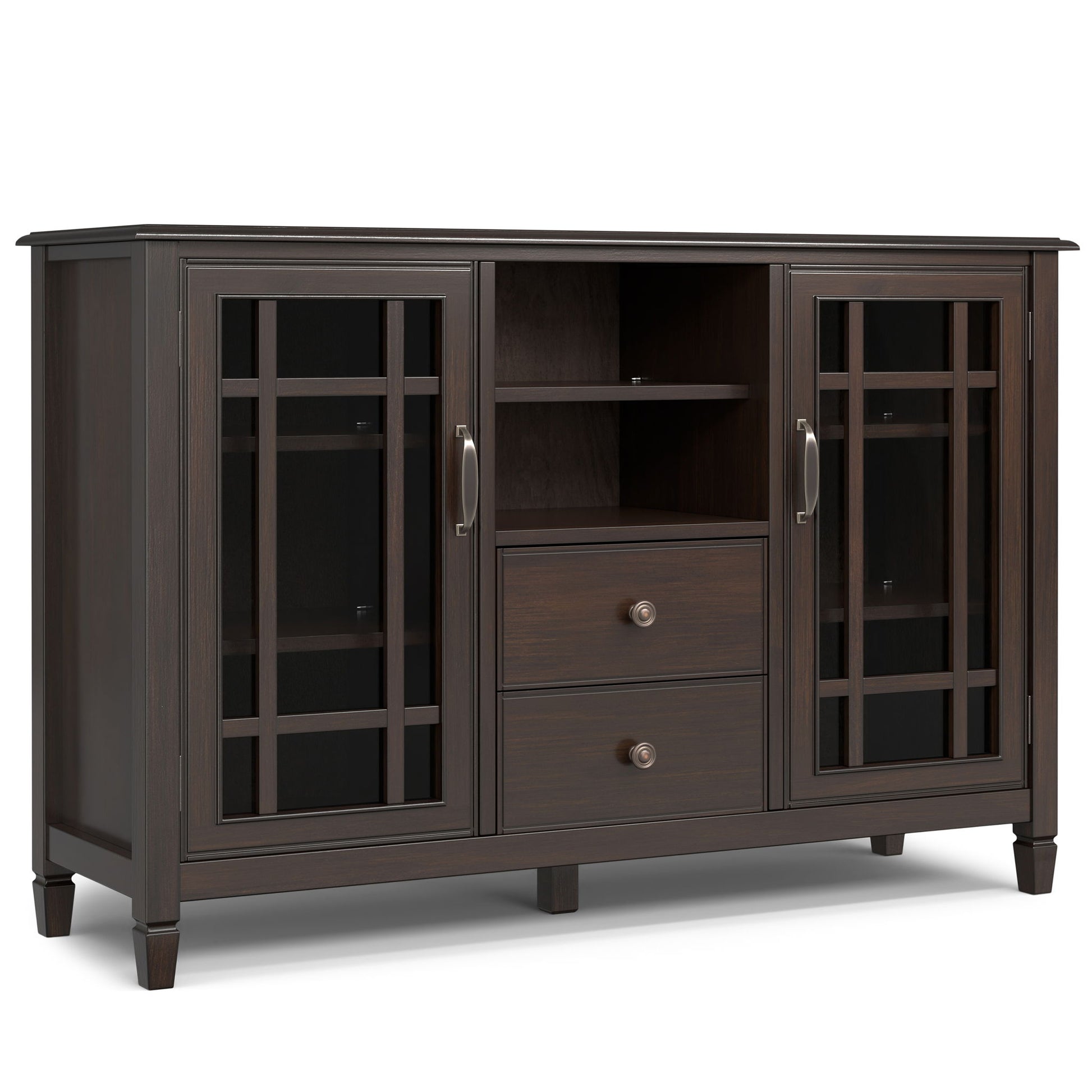 The Connaught Tall TV Stand in brown features two glass-front side cabinets, two central drawers with round handles, and two open shelves above the drawers. The stand is supported by short legs for a stylish look.
