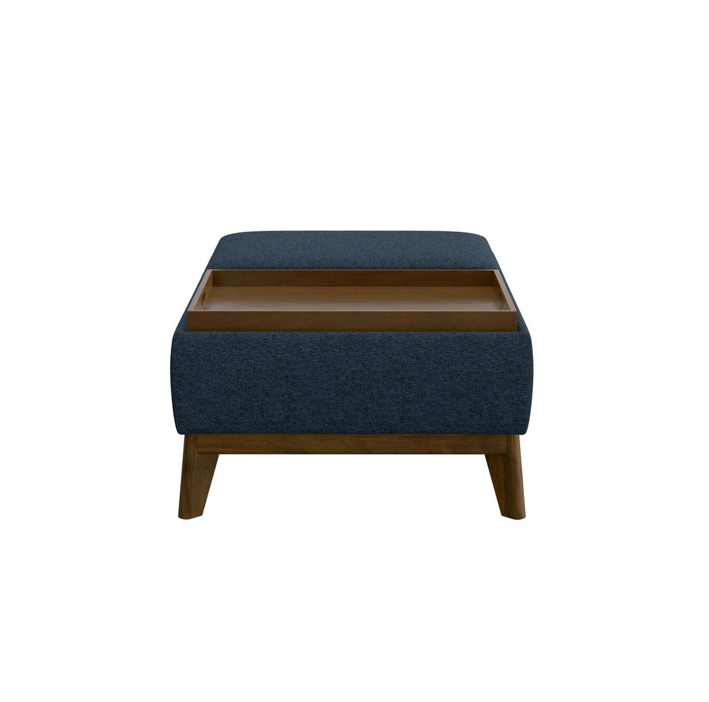 The Varia Reversible Tray Ottoman in blue features wooden legs, a cushioned top with partially open storage beneath, and is shown against a plain white background.