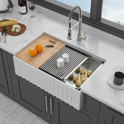 Workstation Single Bowl Apron Front Kitchen Sink - White