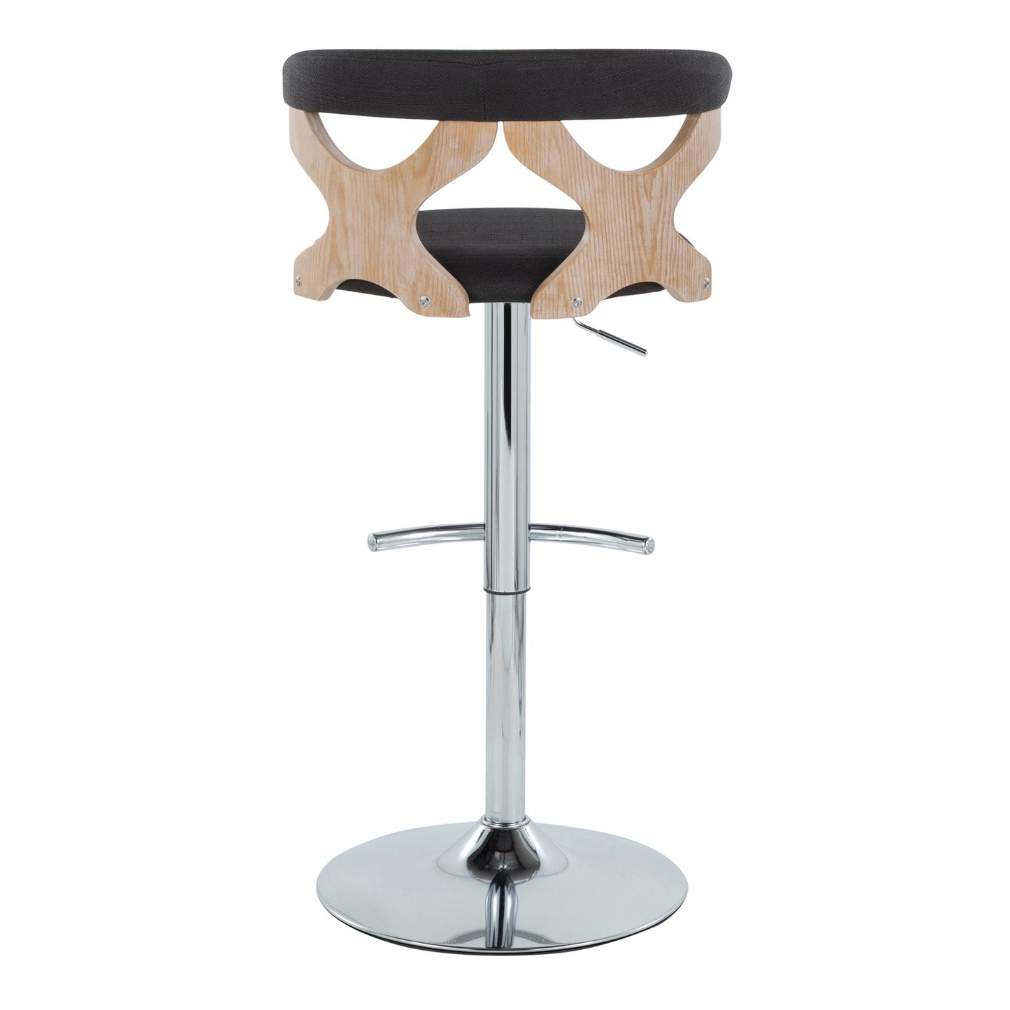 The Gardenia Contemporary Adjustable Barstool (Set of 2) features a round black cushioned seat, light wood cut-out backrest, chrome base, rounded T footrest, swivel function, and height adjustment. Shown from the back.