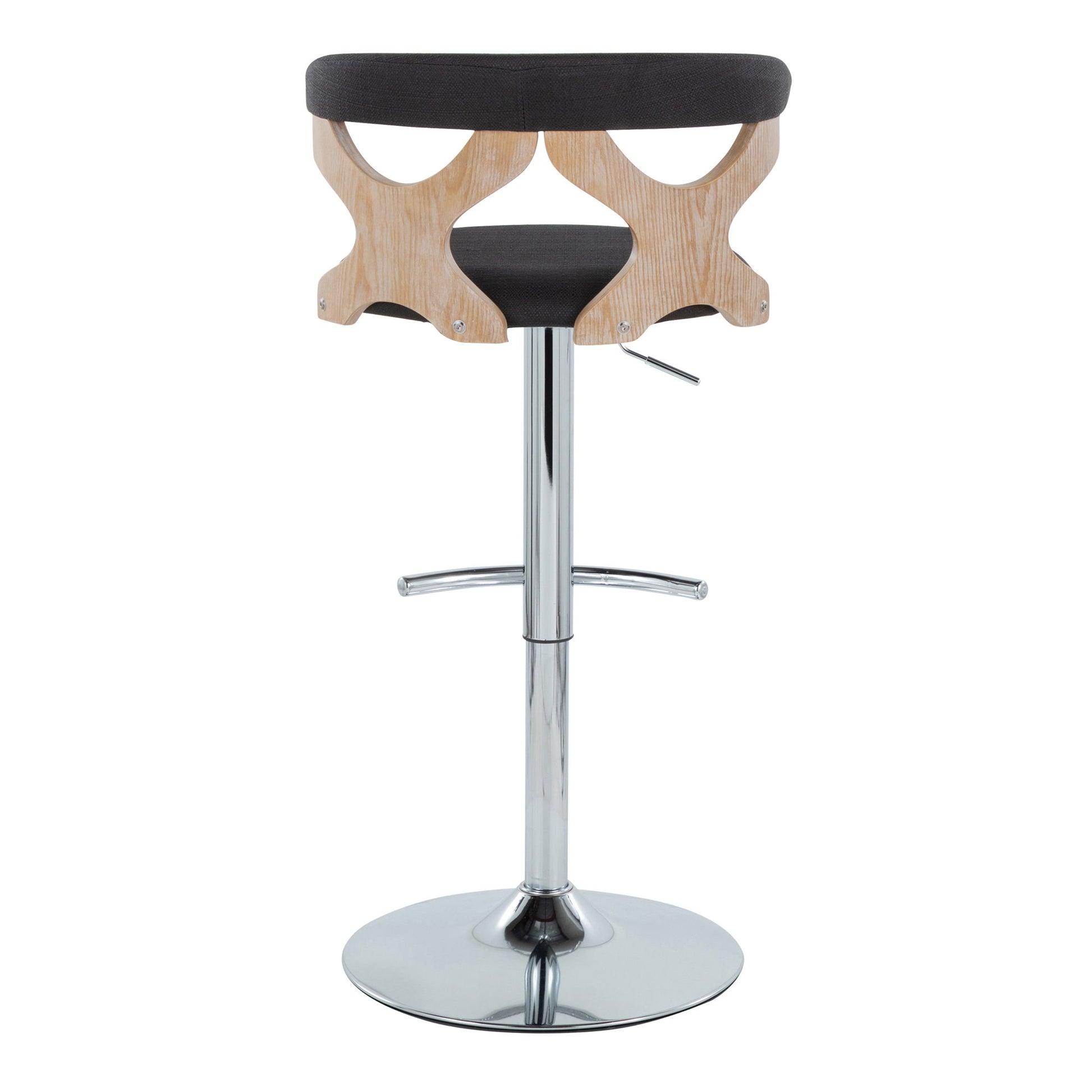 The Gardenia Contemporary Adjustable Barstool (Set of 2) features a round black cushioned seat, light wood cut-out backrest, chrome base, rounded T footrest, swivel function, and height adjustment. Shown from the back.
