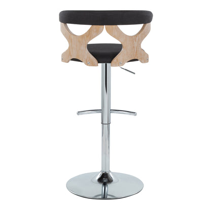 The Gardenia Contemporary Adjustable Barstool (Set of 2) features a round black cushioned seat, light wood cut-out backrest, chrome base, rounded T footrest, swivel function, and height adjustment. Shown from the back.