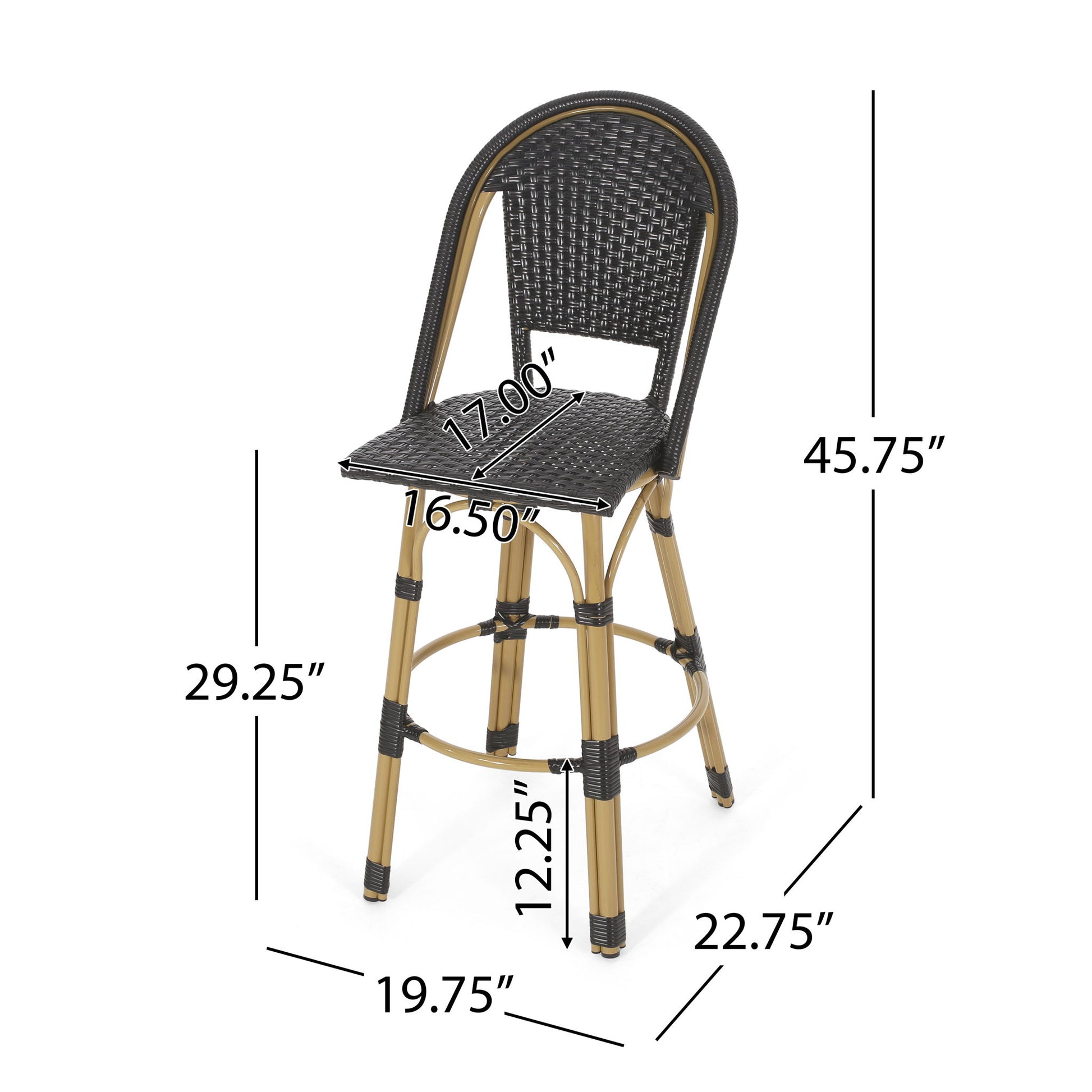 Outdoor Rattan And Aluminum French Barstools (Set of 2) feature woven black seats/backs, light brown legs, and a footrest. Dimensions: seat 17"W x 16.5"D x 29.25"H; total height 45.75"; legs 19.75"W x 22.75"D; footrest at 12.25"H.