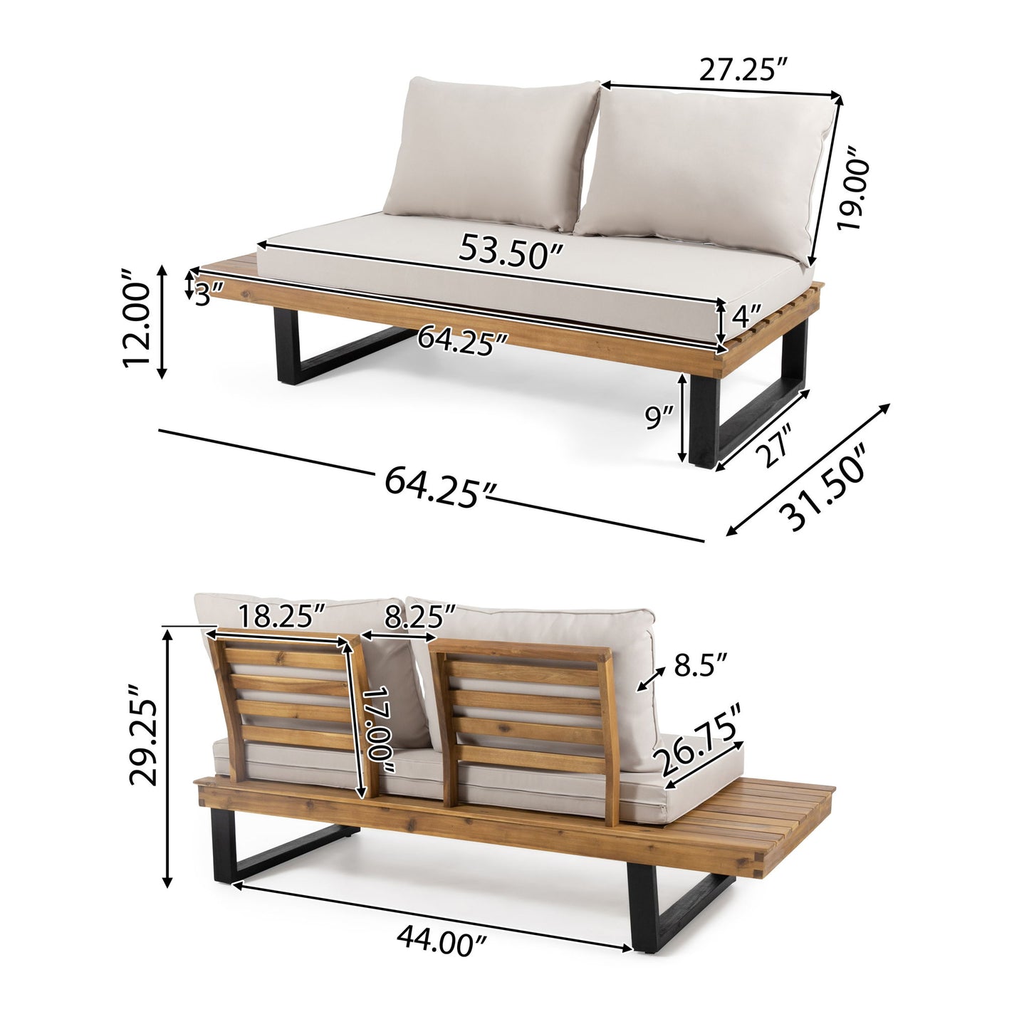 Sebastian - 2 Seater Sofa features a slatted wood design, black metal legs, and cream cushions. Shown from front and back with precise length, width, height, backrest, and seat measurements.
