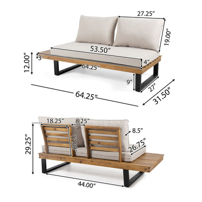 Sebastian - 2 Seater Sofa features a slatted wood design, black metal legs, and cream cushions. Shown from front and back with precise length, width, height, backrest, and seat measurements.
