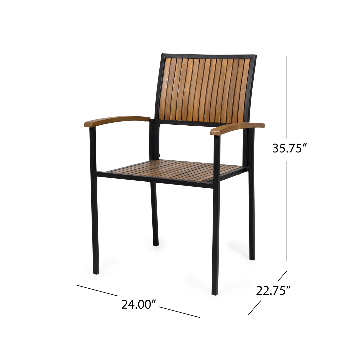 The Vermilion Outdoor Dining Chair features a black metal frame, vertical slats, and wooden arms. It measures 35.75" tall, 24" wide, and 22.75" deep—ideal for modern outdoor dining spaces.